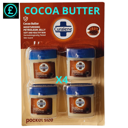 Packaging of Curalene cocoa butter petroleum jelly with visible branding and product details.