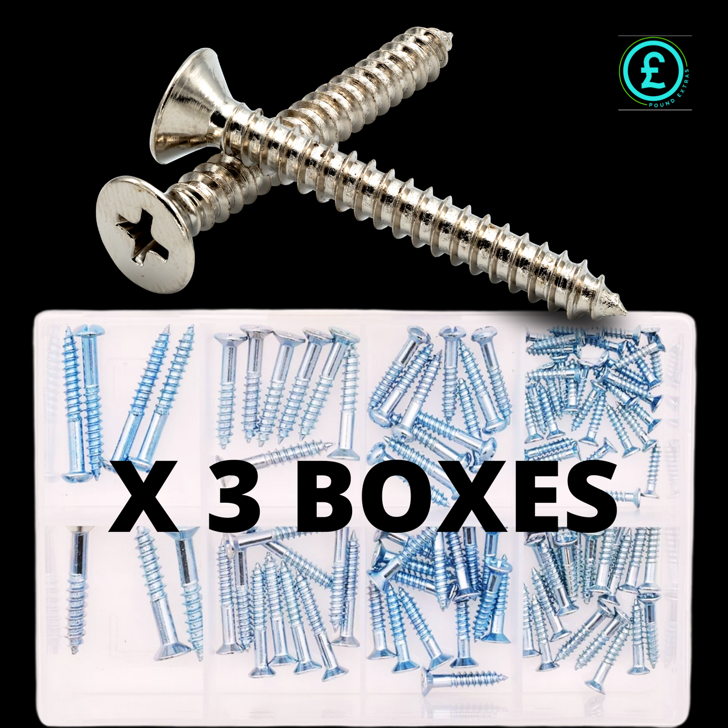 Silver screws on a white background with 'X 3 BOXES' text and a brand logo.