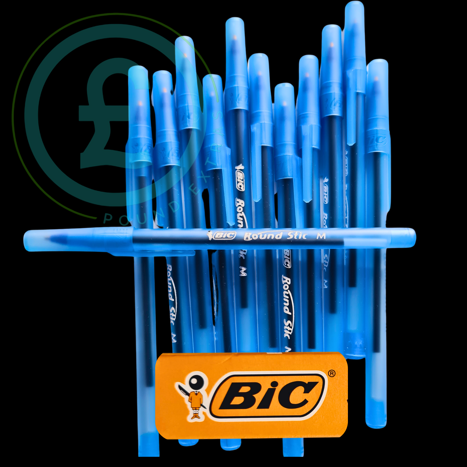 BIC pens with blue ink and a BIC logo on a black background