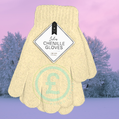 Pair of yellow chenille gloves with a brand tag against a winter landscape background
