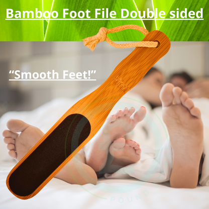 Bamboo foot file with text 'Smooth Feet!' and 'Bamboo Foot File Double sided' on a blurred background of people lying down.