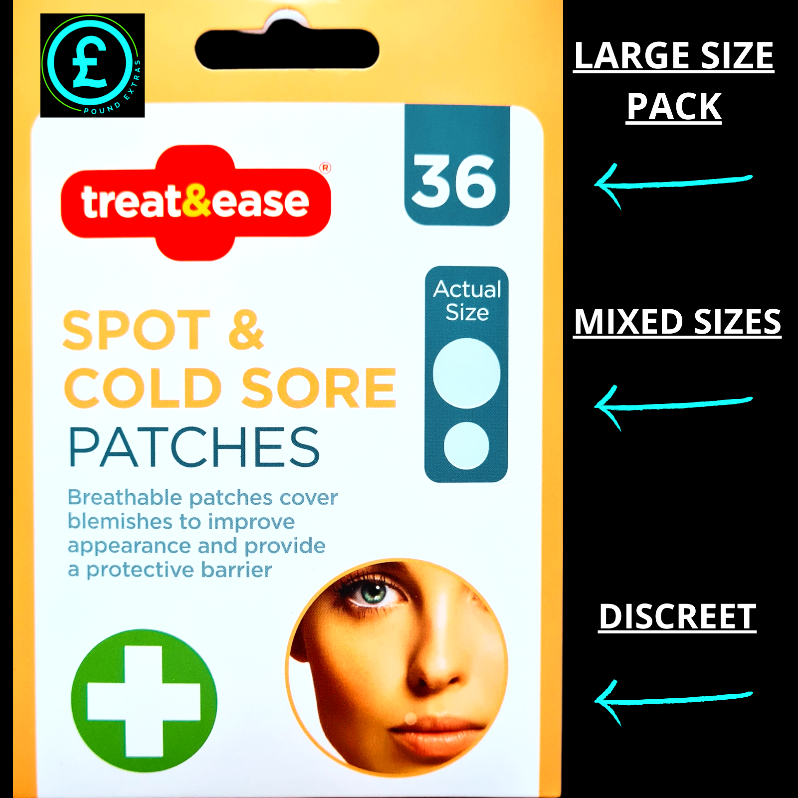 Pack of treat&ease spot and cold sore patches with packaging details.