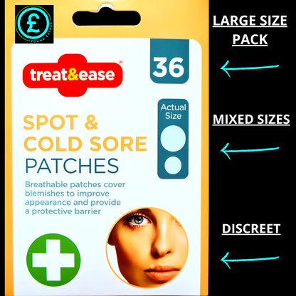 Pack of treat&ease spot and cold sore patches with packaging details.