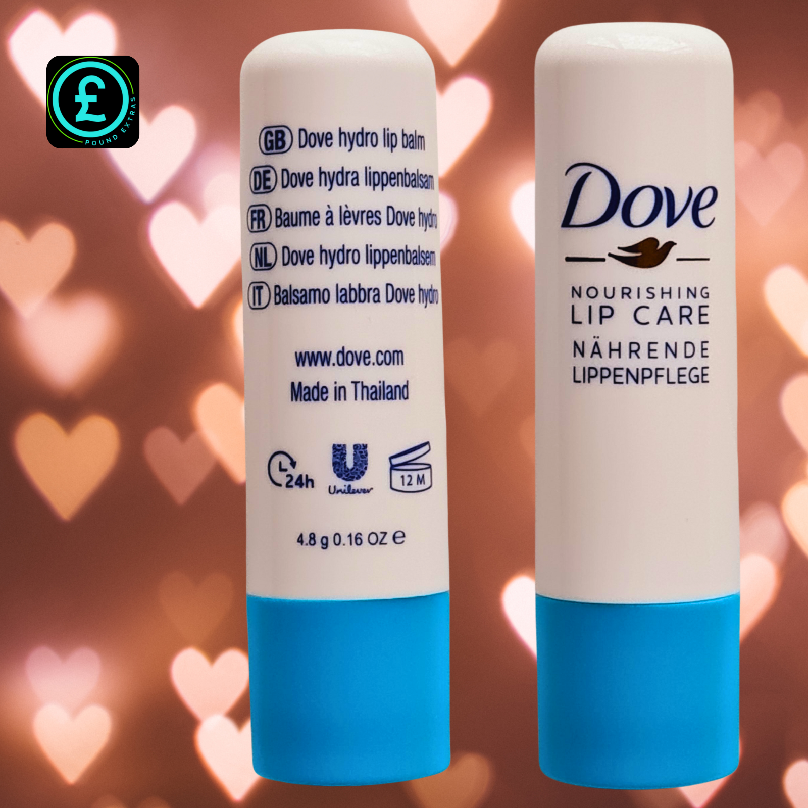 Two Dove lip balm containers with a heart-themed background