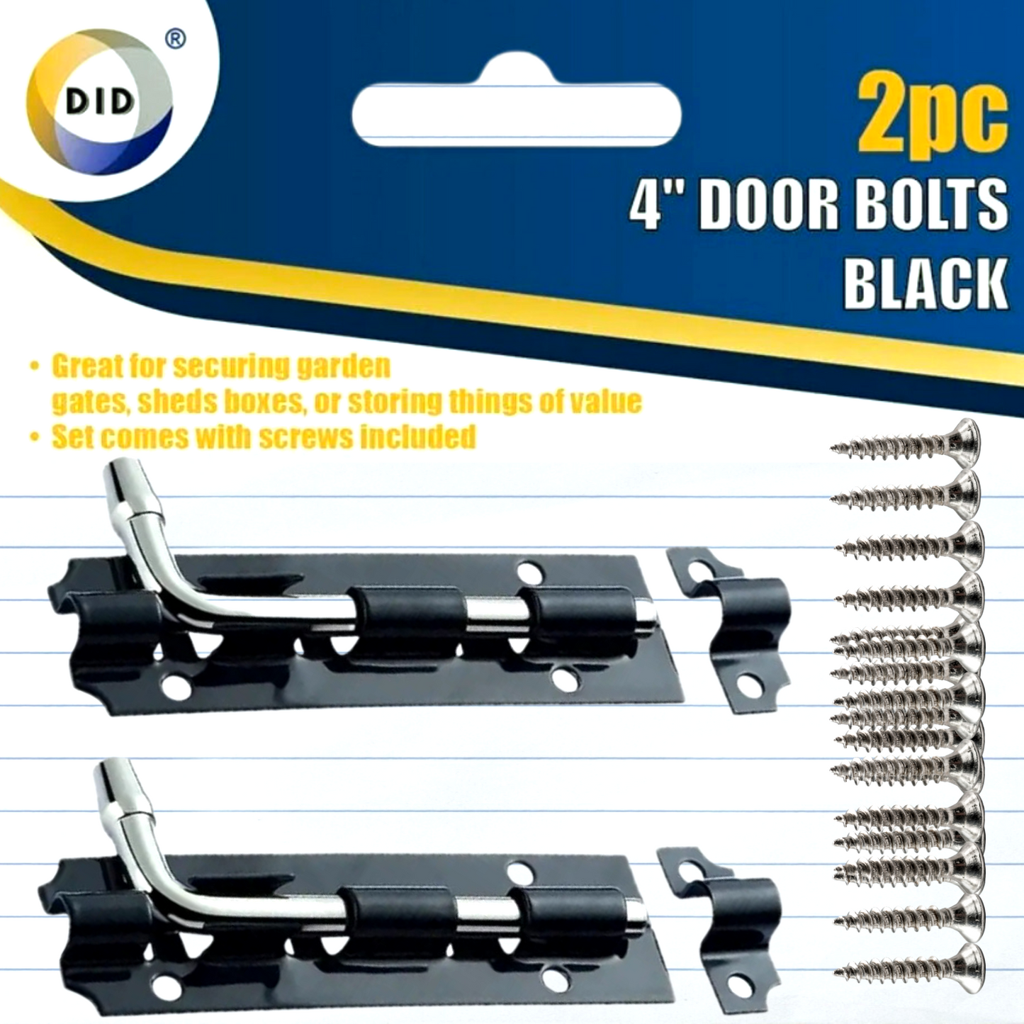 2pc 4" door bolts set with screws included on a blue and yellow package