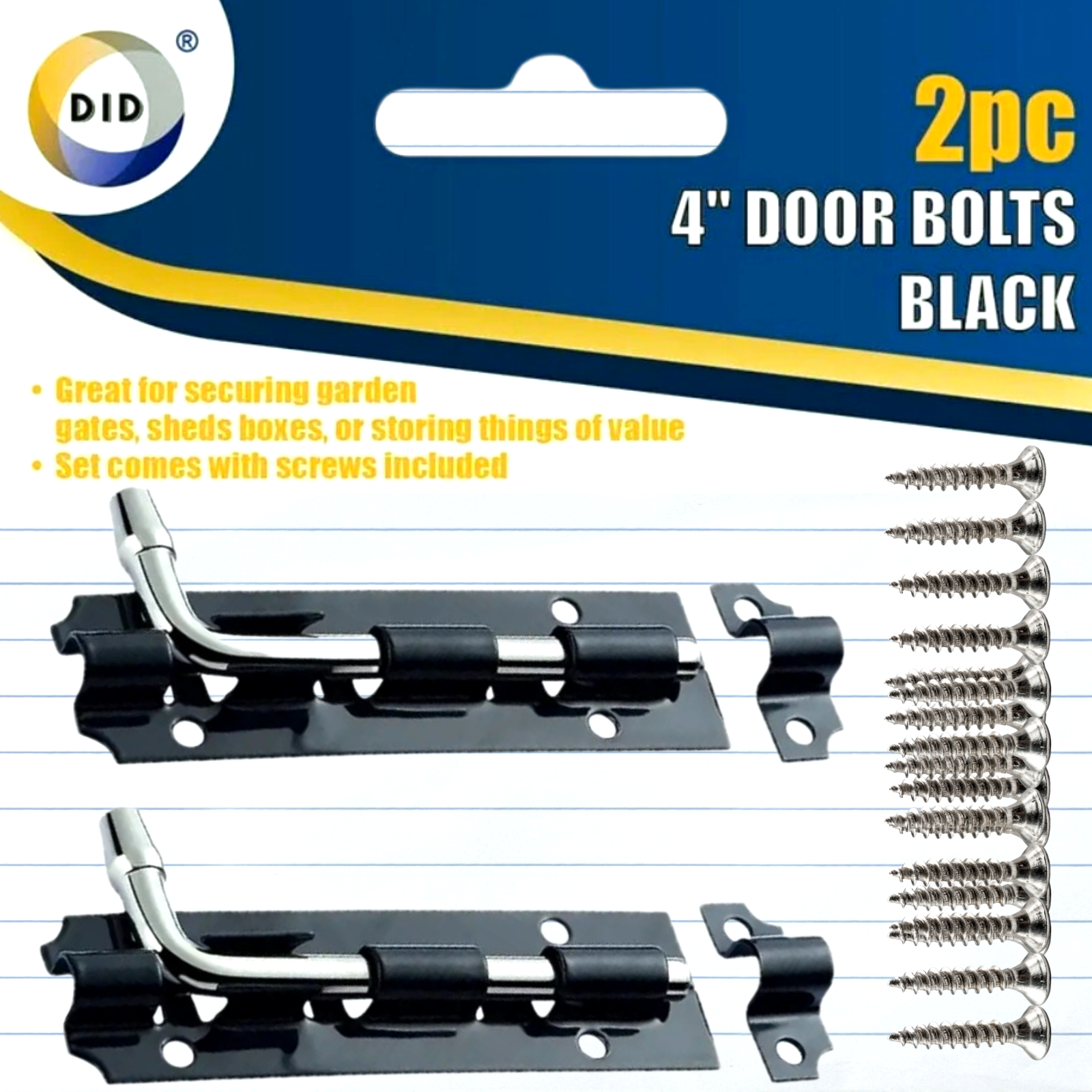 2pc 4" door bolts set with screws included on a blue and yellow package