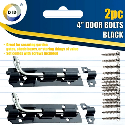 2pc 4" door bolts set with screws included on a blue and yellow package