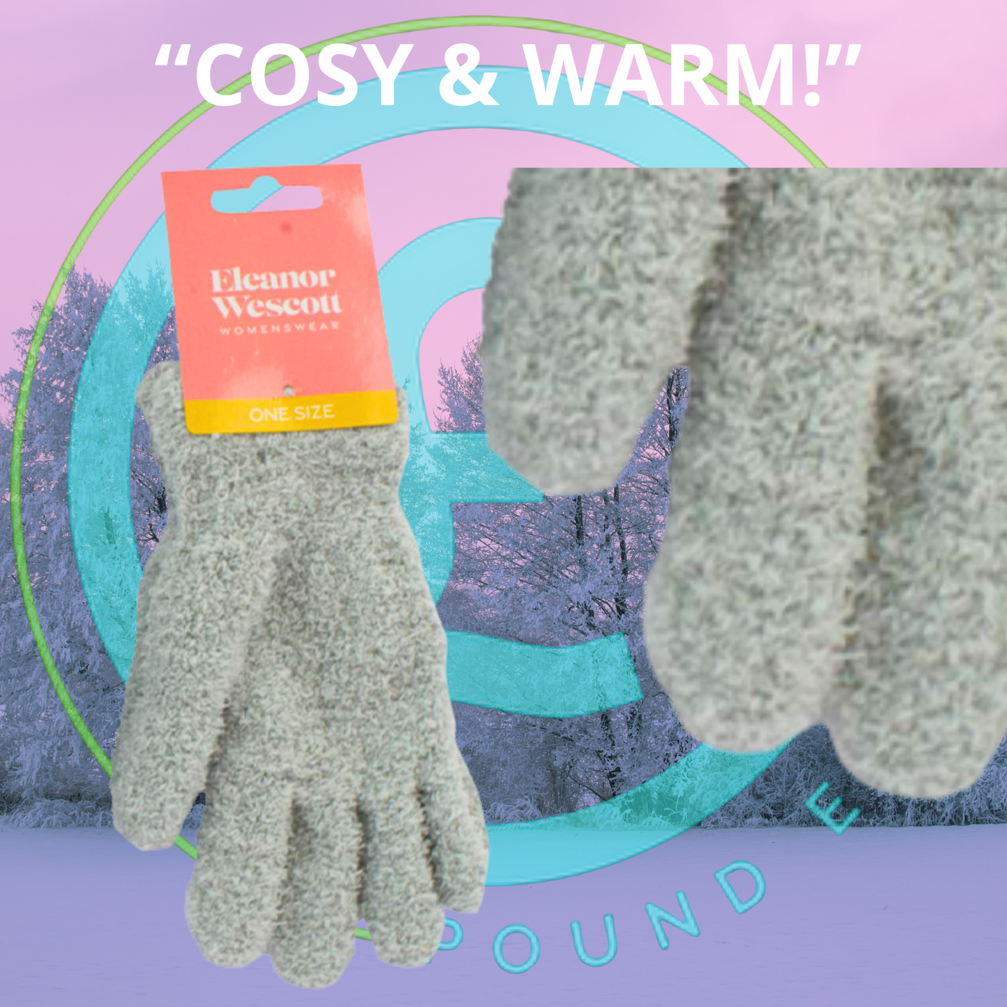 Pair of gray gloves with a 'COSY & WARM!' label on a colorful background
