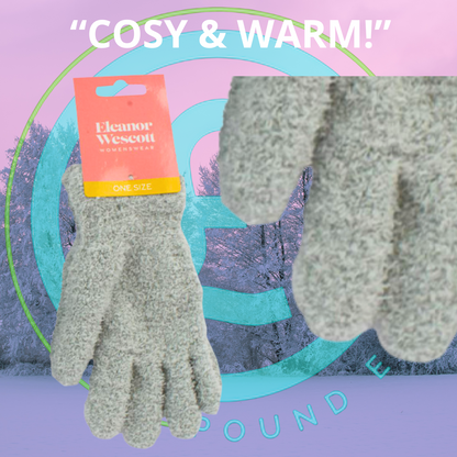 Pair of gray gloves with a 'COSY & WARM!' label on a colorful background