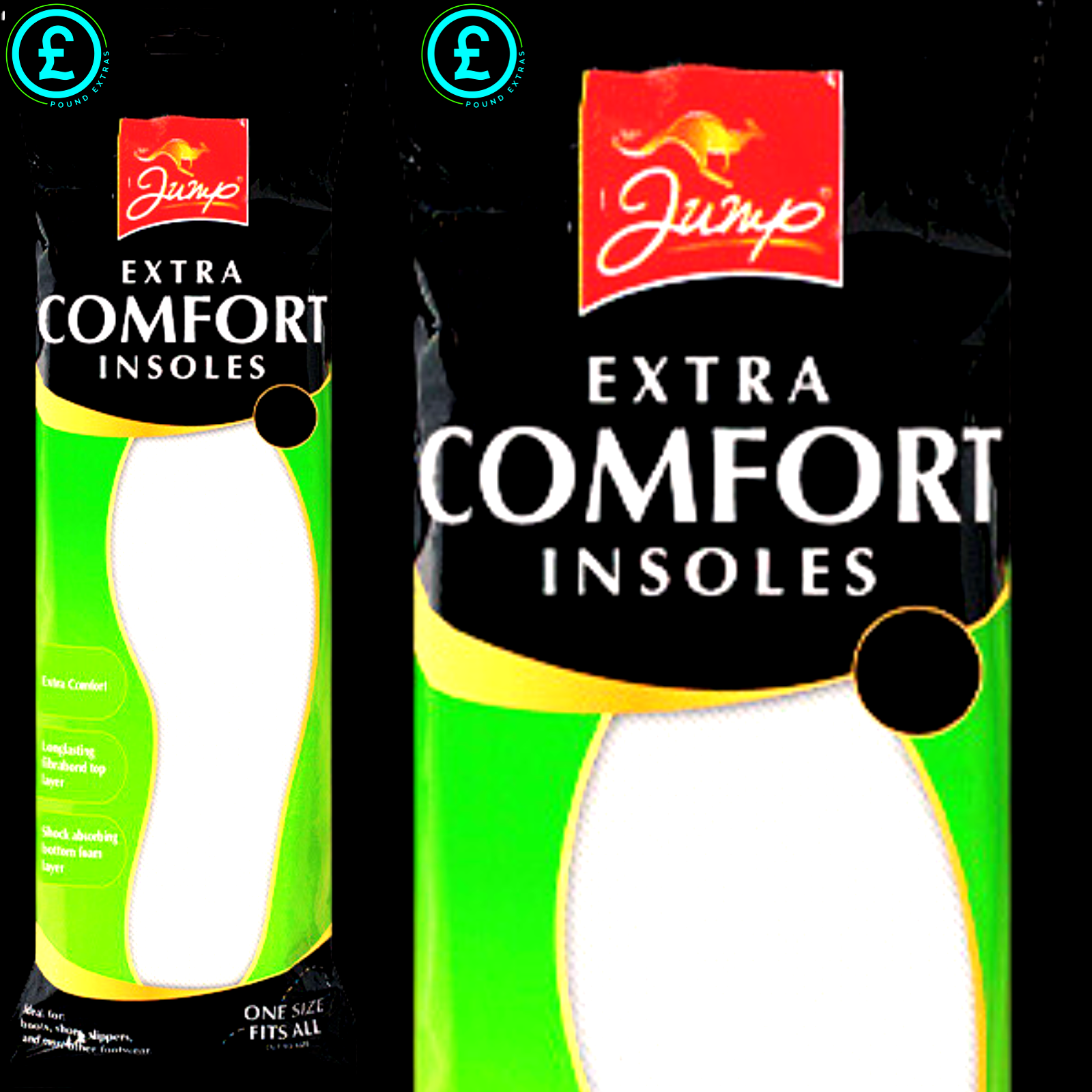 Two packages of Jump Extra Comfort Insoles on a black background