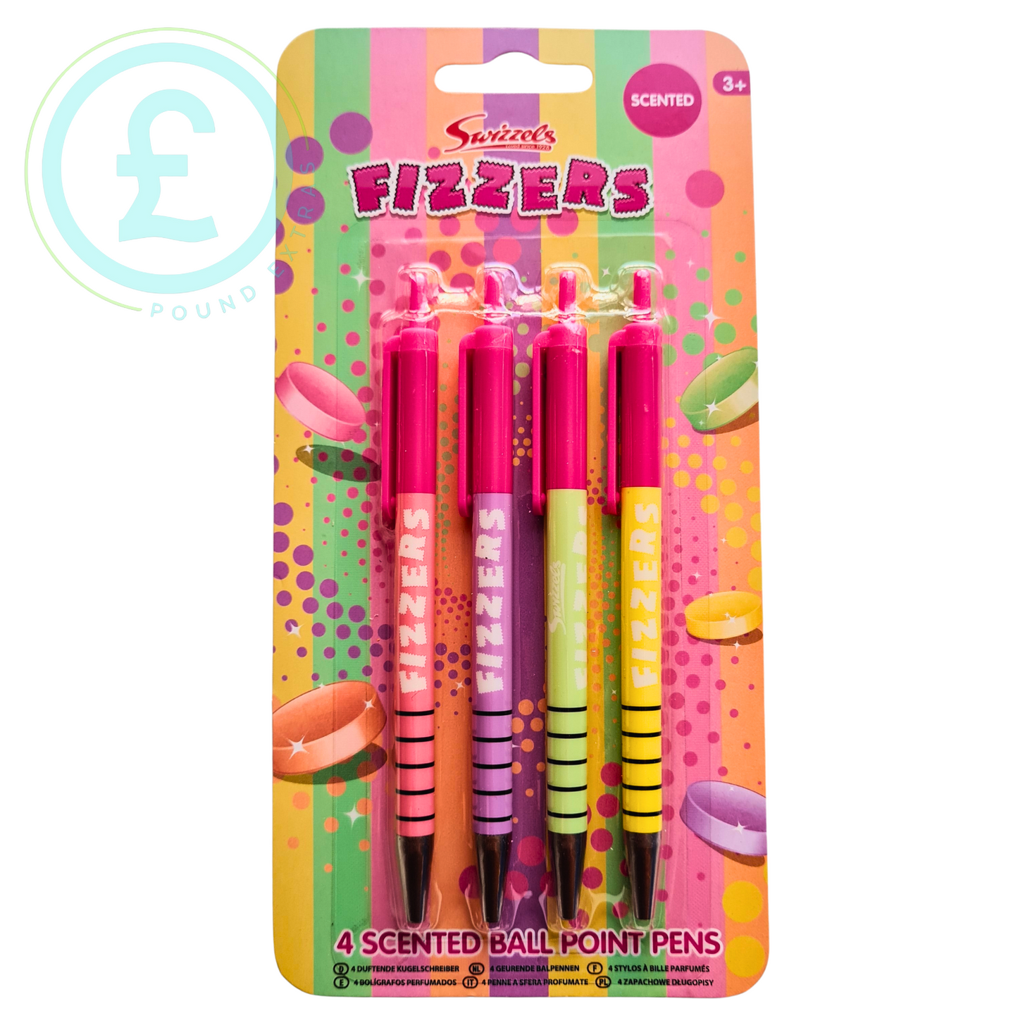 Pack of Swizzles Fizzers scented ballpoint pens with colorful packaging.