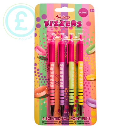 Pack of Swizzles Fizzers scented ballpoint pens with colorful packaging.