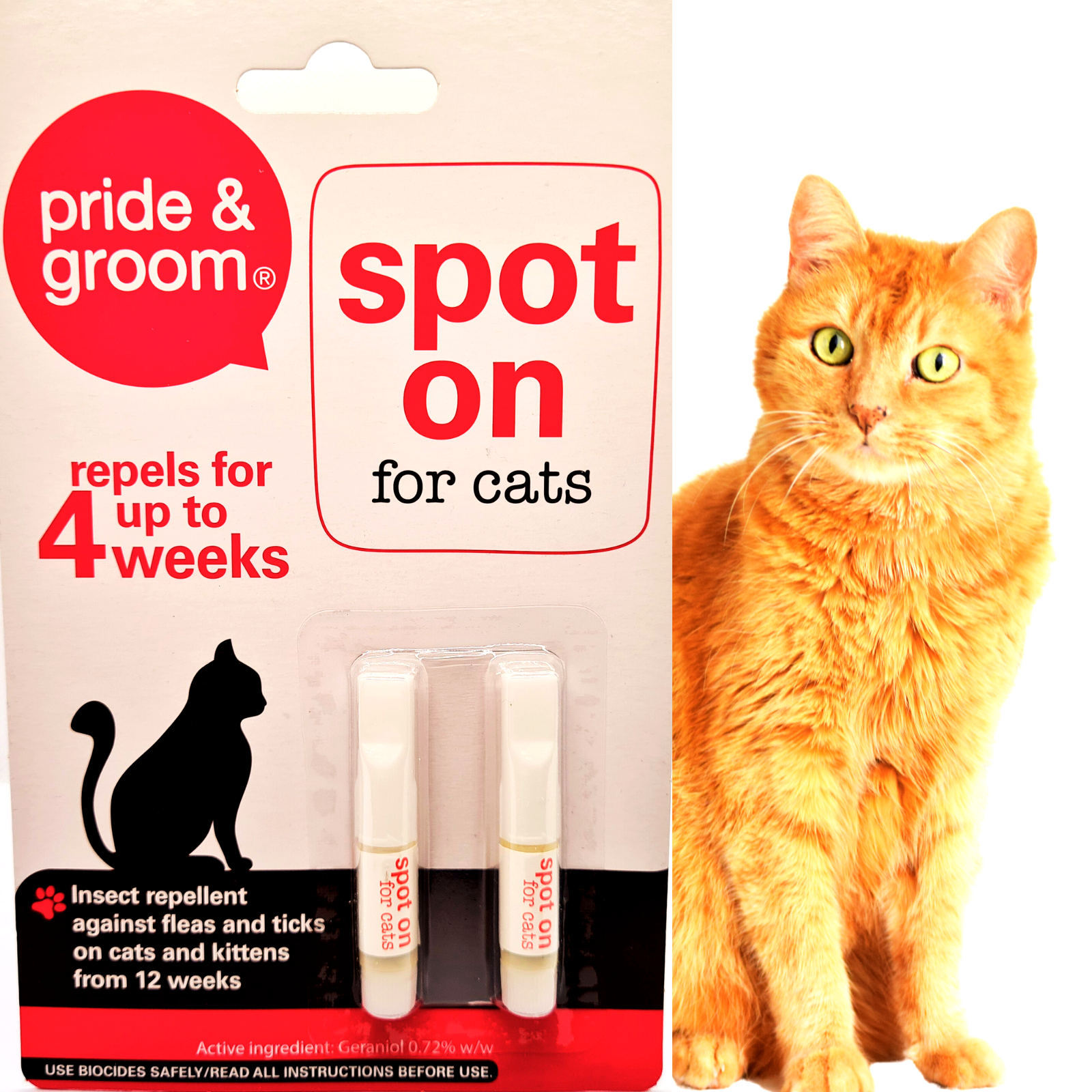 Pride & Groom spot on for cats packaging with a cat on a white background