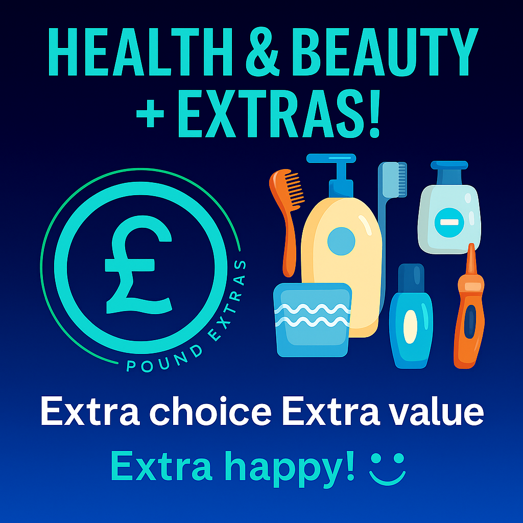 Promotional graphic for health and beauty products with Pound Extras logo on a blue background