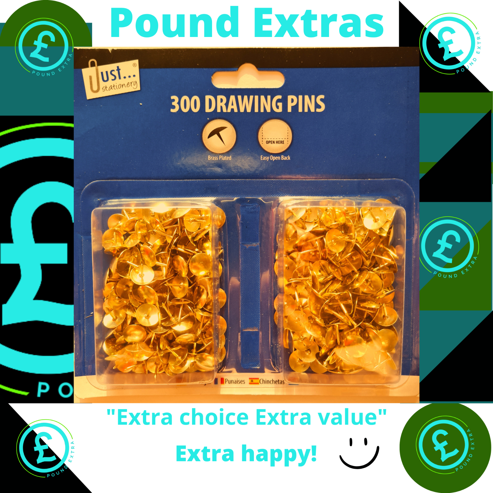 Pack of 300 drawing pins with a blue label on a colorful background