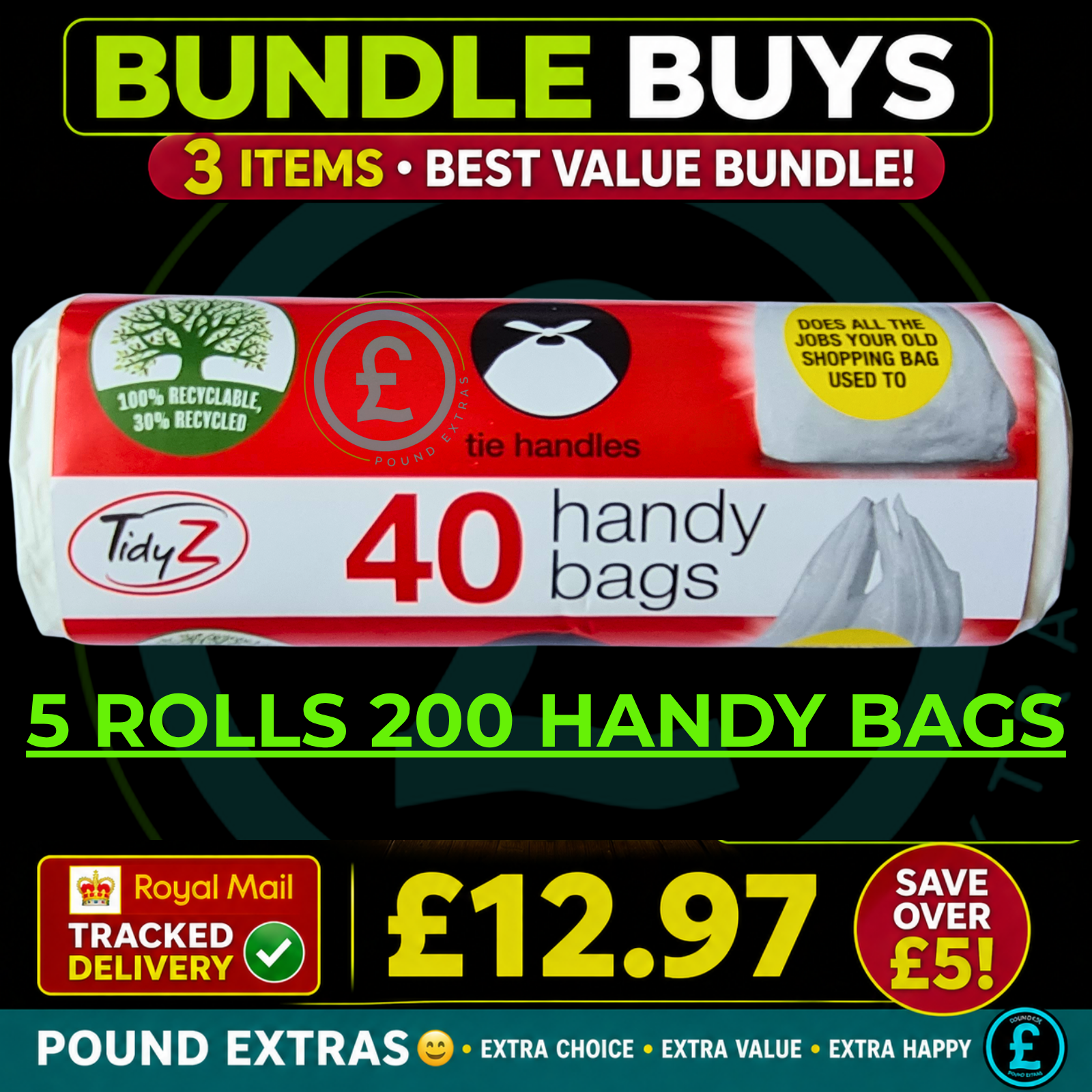 Shopping Bags Handy Plastic Bags 200 Pack 5 Rolls Tie Up Handles Strong Bags0