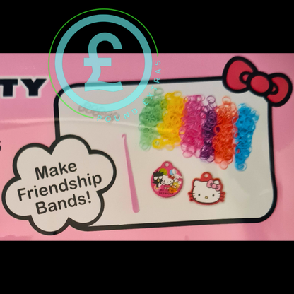 Packaging of a toy set for making friendship bands with colorful rubber bands and a Hello Kitty character on a pink background.