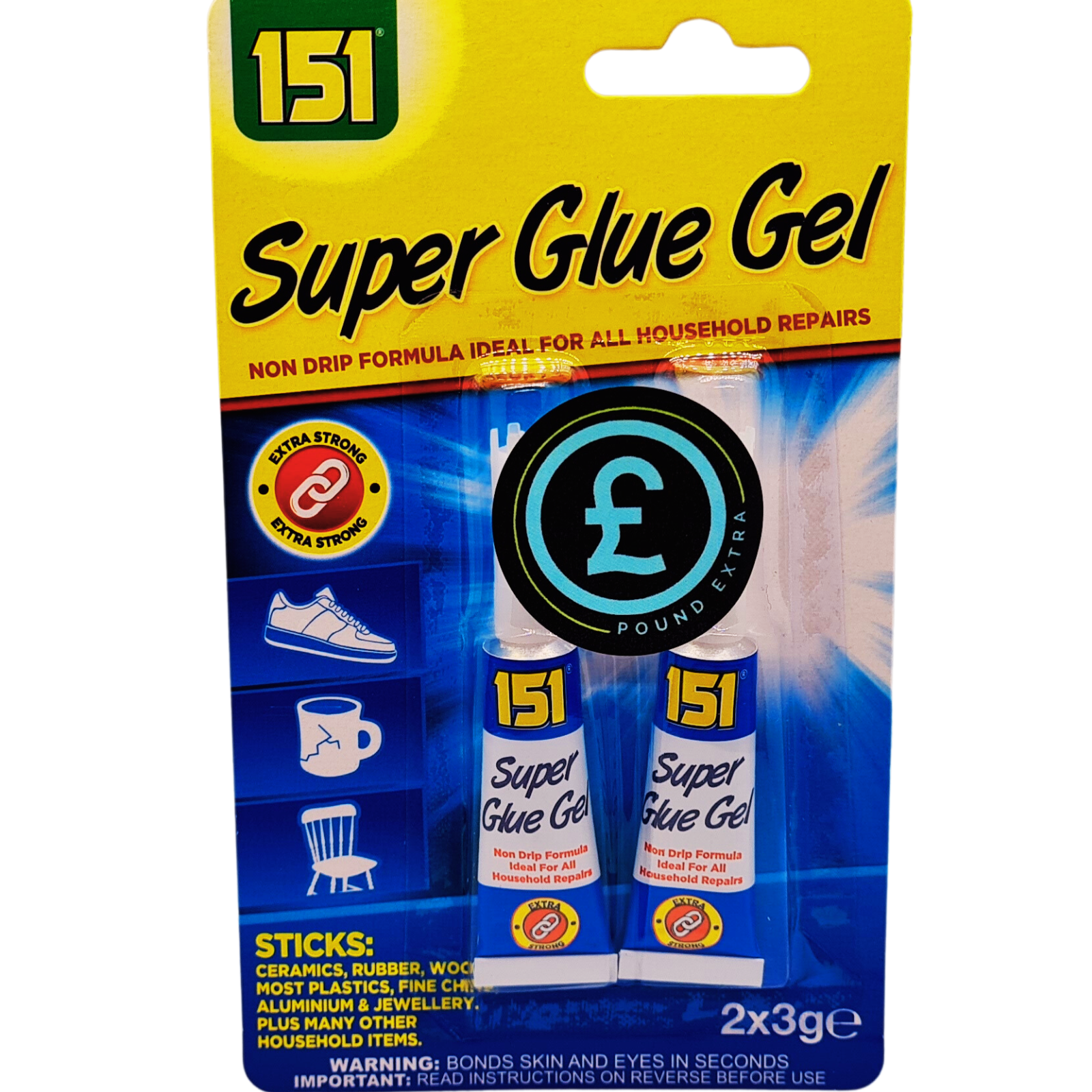 Packaging of 151 Super Glue Gel with two tubes inside, on a white background.
