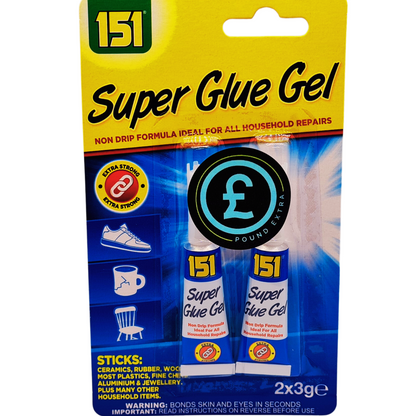Packaging of 151 Super Glue Gel with two tubes inside, on a white background.