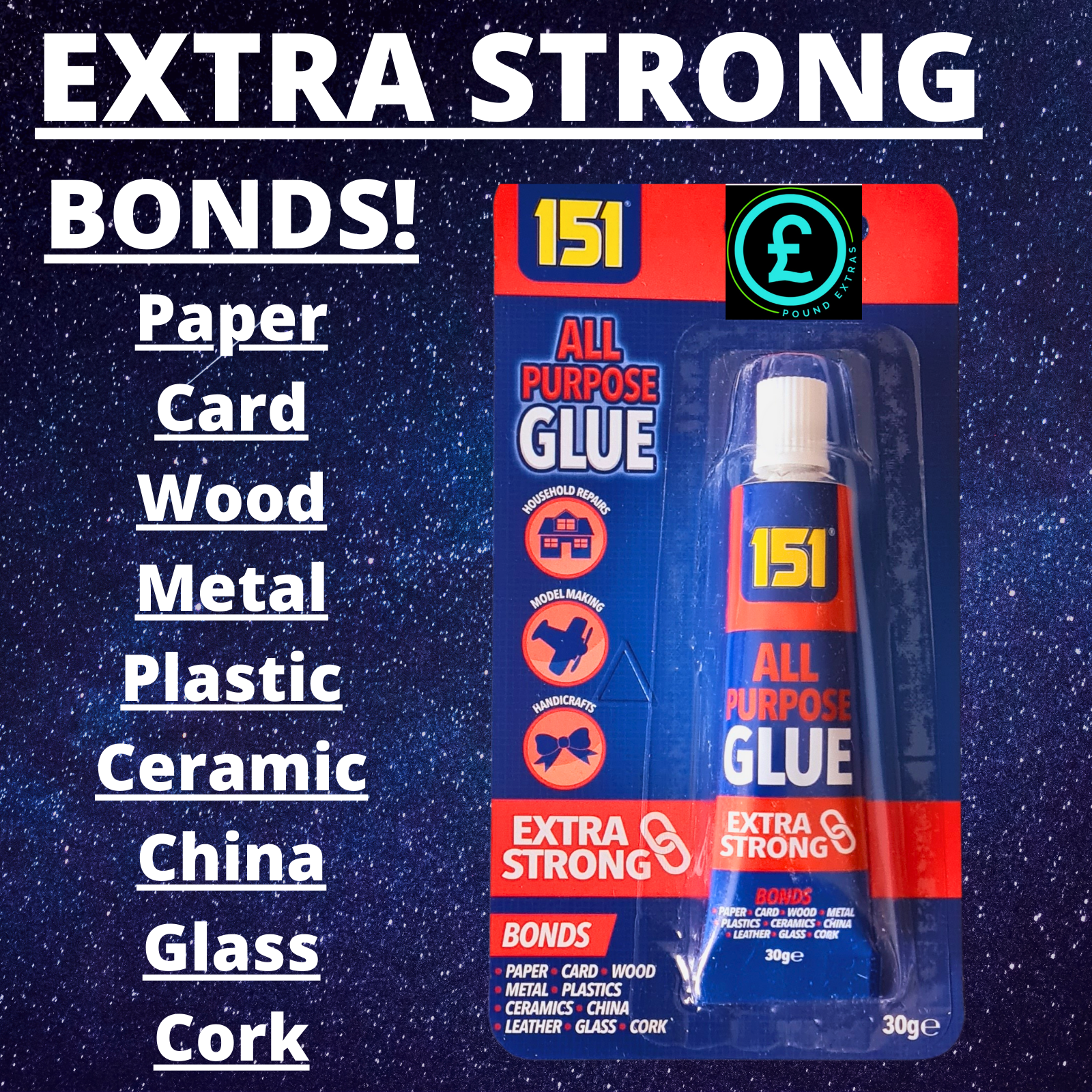 151 All Purpose Glue tube with product features on a blue starry background