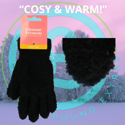 Black gloves with a brand tag on a colorful abstract background