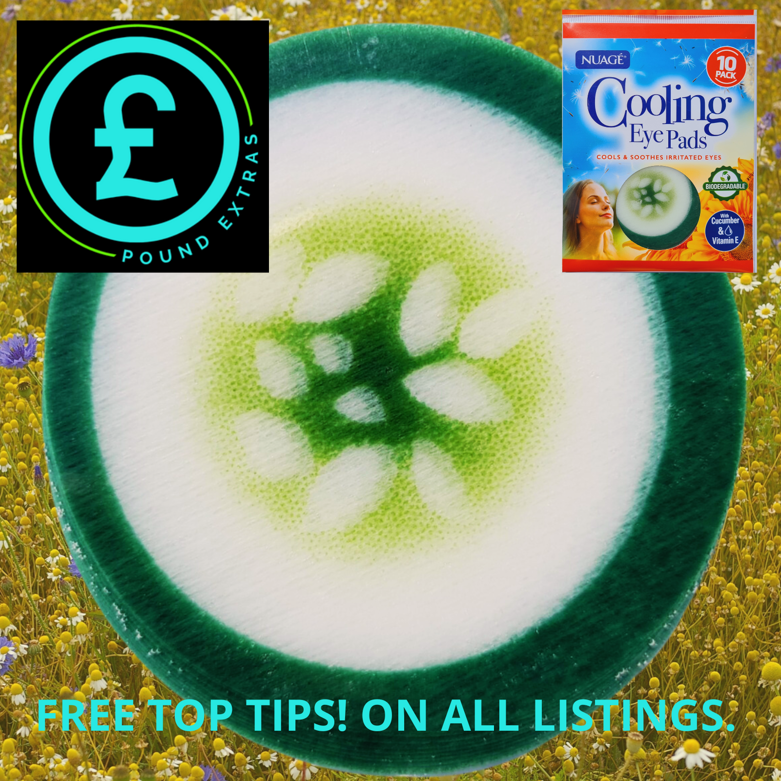 Cucumber slice with flower pattern on a white background, next to a box of Nuage Cooling Eye Pads.