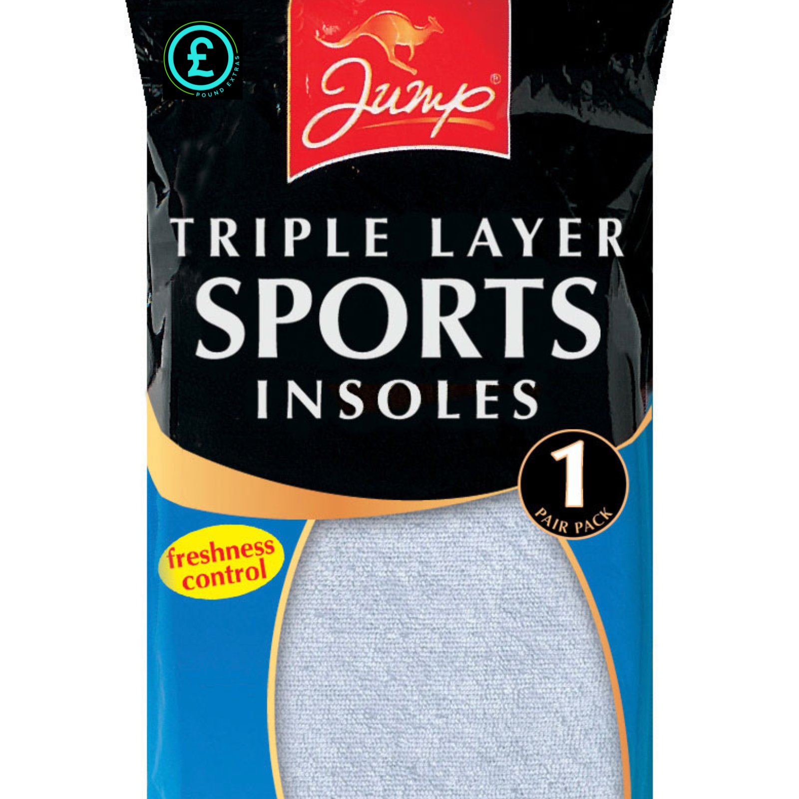 Pack of Jump triple layer sports insoles with branding and product details.