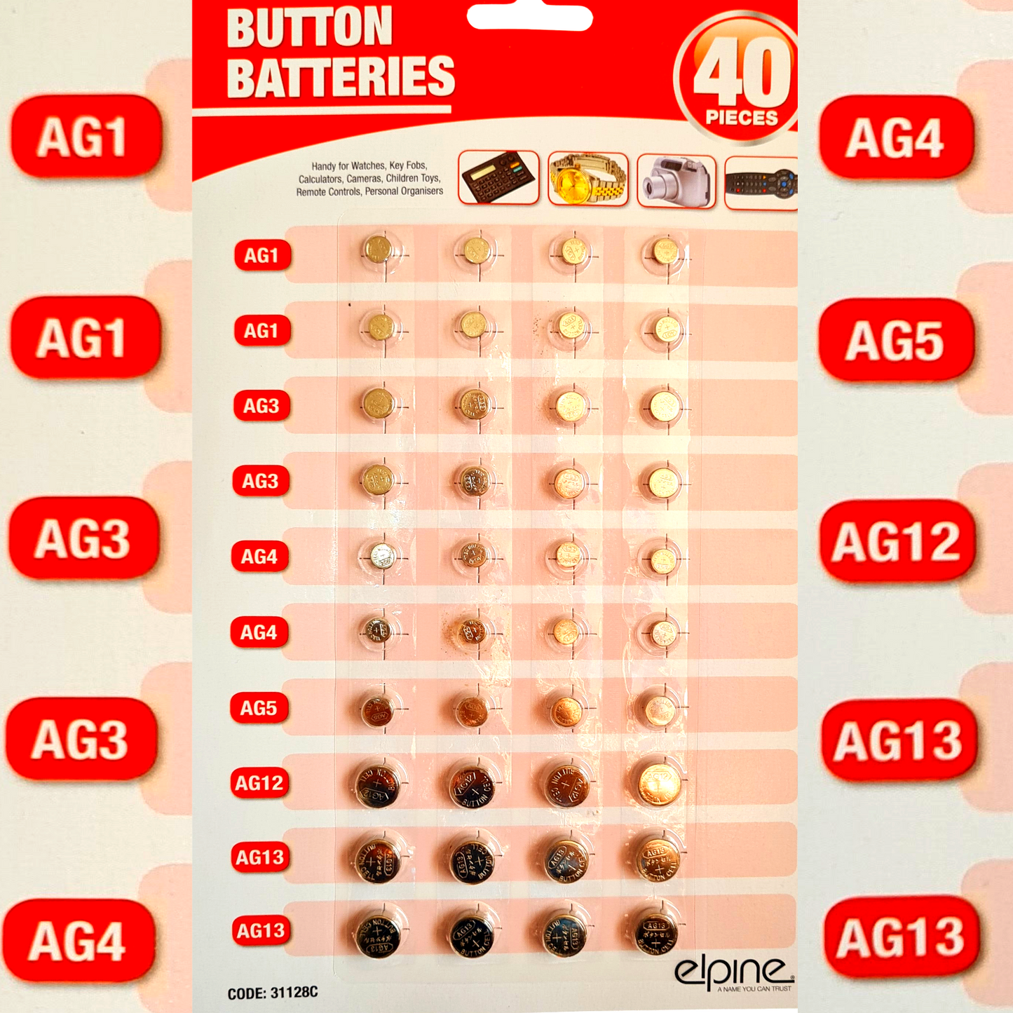 40 Assorted Button Cell Watch Batteries AG1/3/4/5/12/13 - Pack of 40 Batteries.0