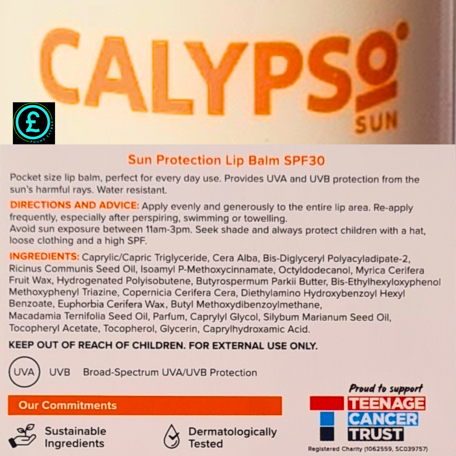 NEW Calypso SPF30 Sun Protection UVA UVB Lip Balm 4.3g SHEA BUTTER MACADAMIA OIL5