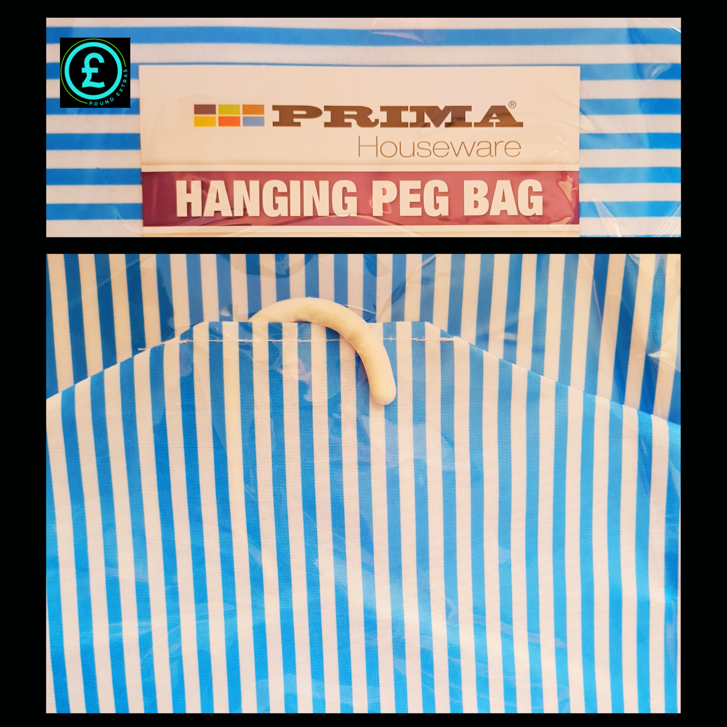 Blue and white striped hanging peg bag with 'Prima Houseware' branding.
