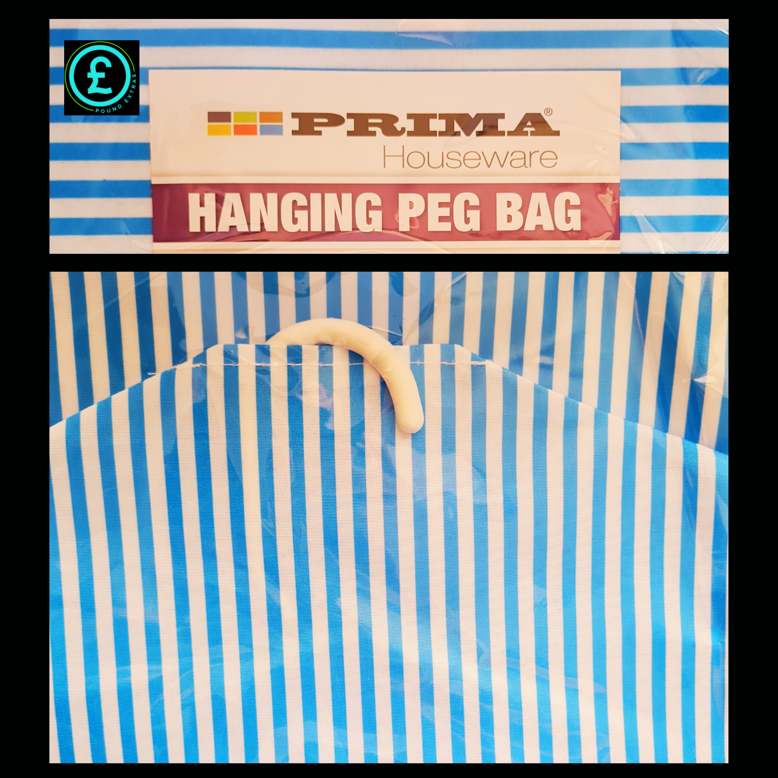 Blue and white striped hanging peg bag with 'Prima Houseware' branding.