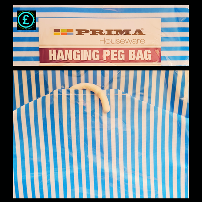 Blue and white striped hanging peg bag with 'Prima Houseware' branding.