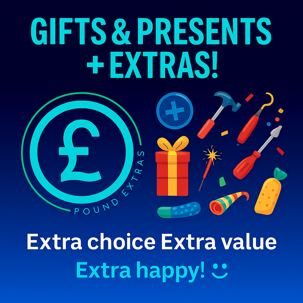 Promotional graphic for 'Pound Extras' with gift icons, tools, and text on a blue background.