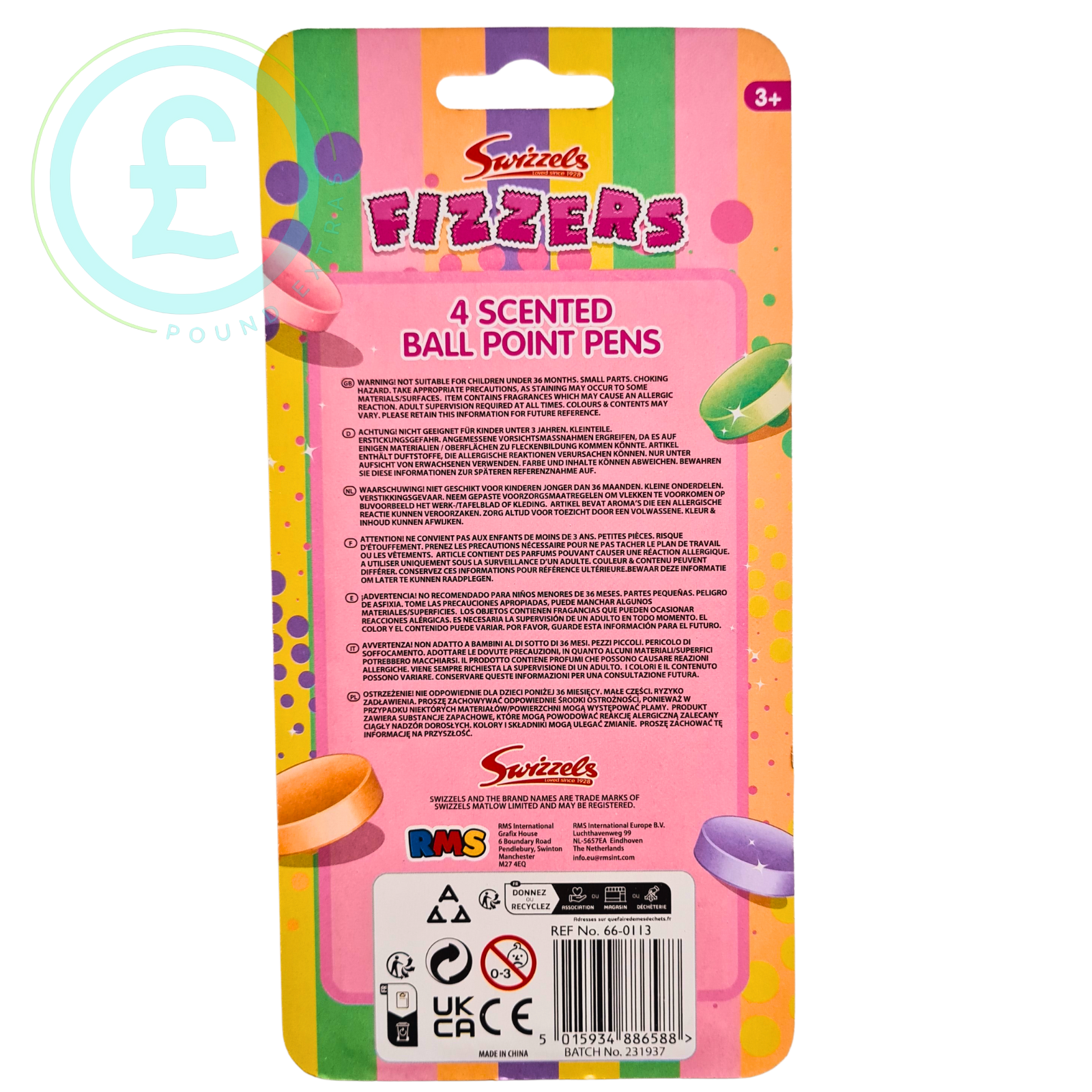 Packaging of Swizzles Fizzers scented ballpoint pens with colorful design