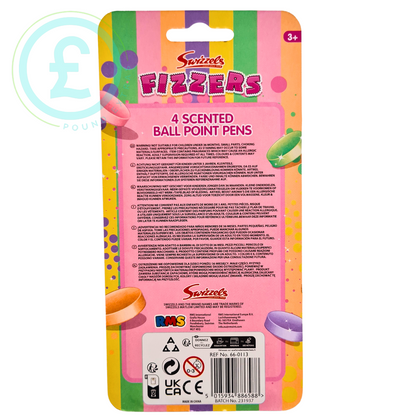 Packaging of Swizzles Fizzers scented ballpoint pens with colorful design