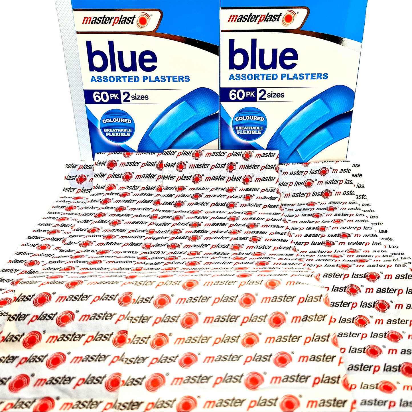 Two packages of masterplast blue assorted plasters on a white background with repeated branding.