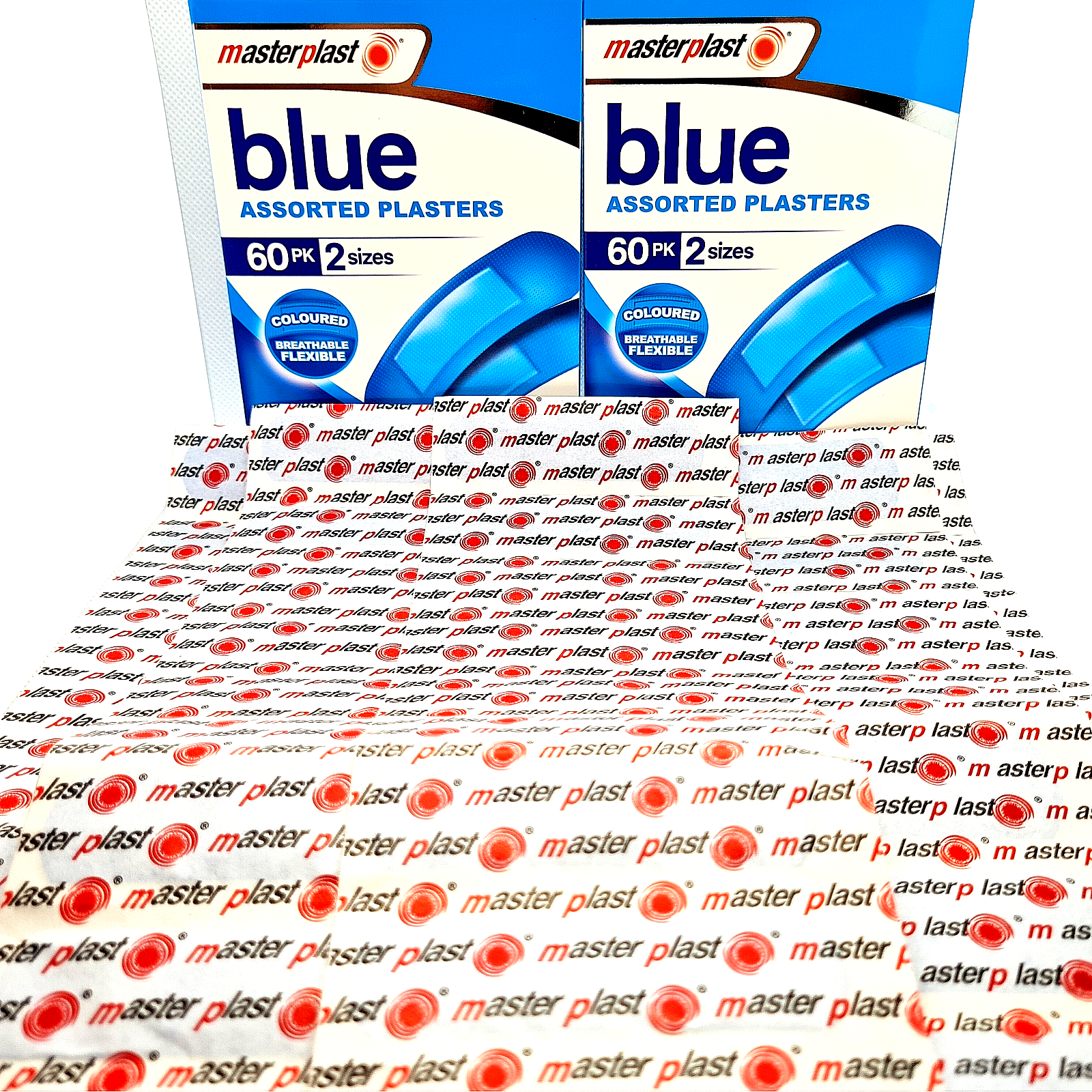 Two packages of masterplast blue assorted plasters on a white background with repeated branding.