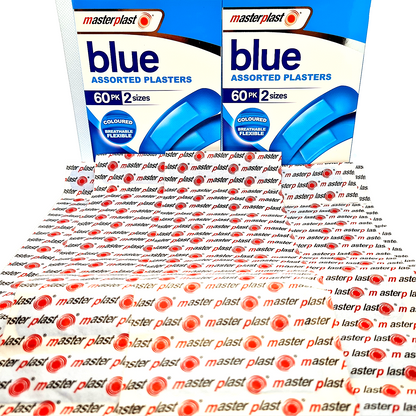 Two packages of masterplast blue assorted plasters on a white background with repeated branding.