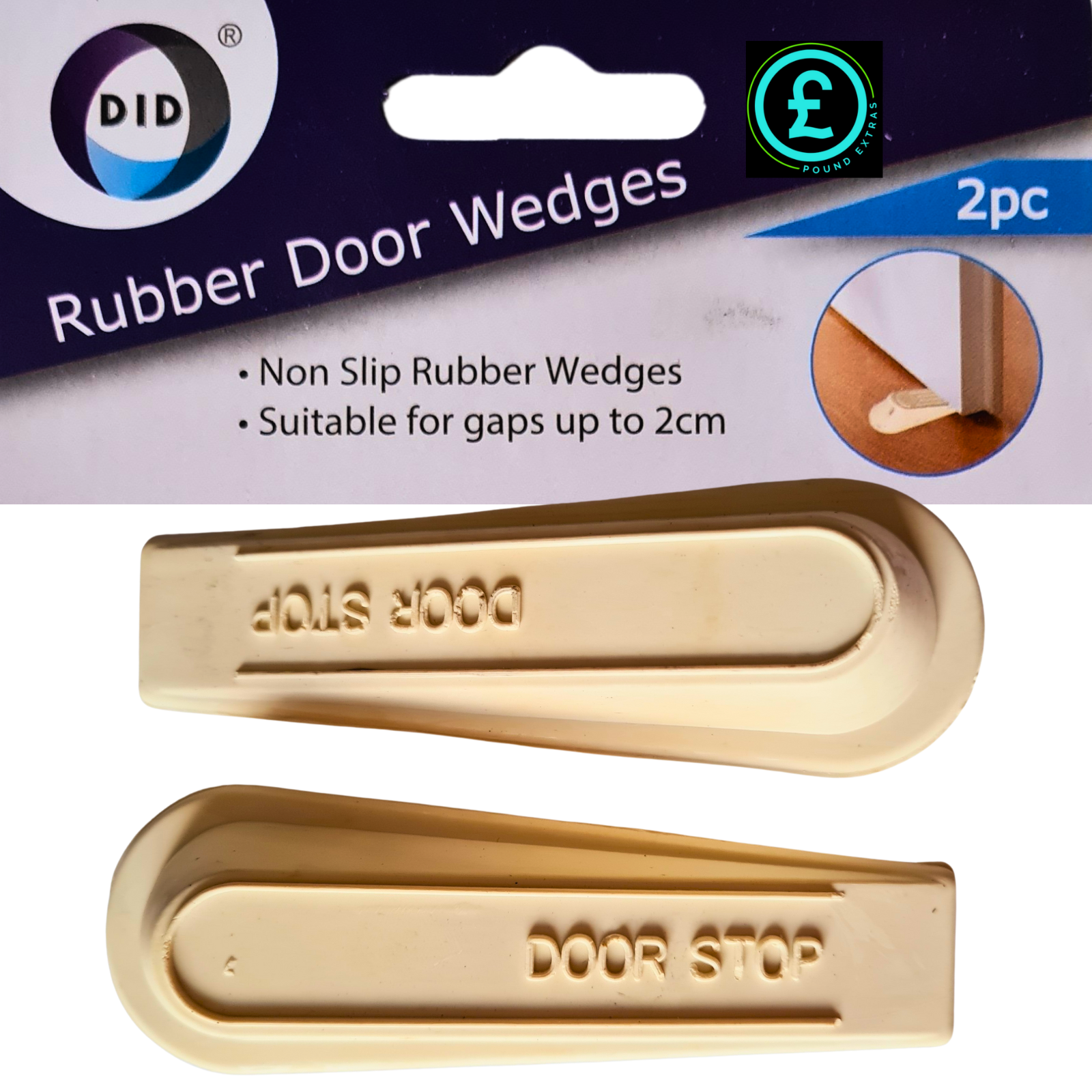 Gold rubber door wedges with packaging displaying product details.
