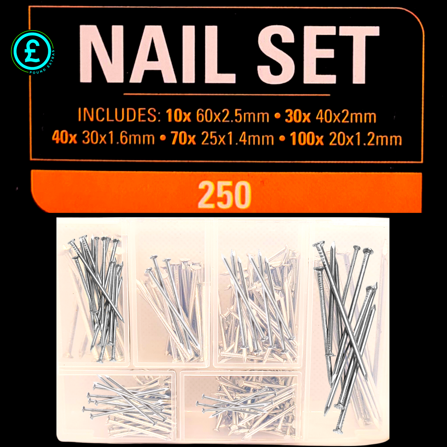 Nail set with various sizes in a clear organizer on a black background