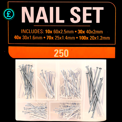 Nail set with various sizes in a clear organizer on a black background