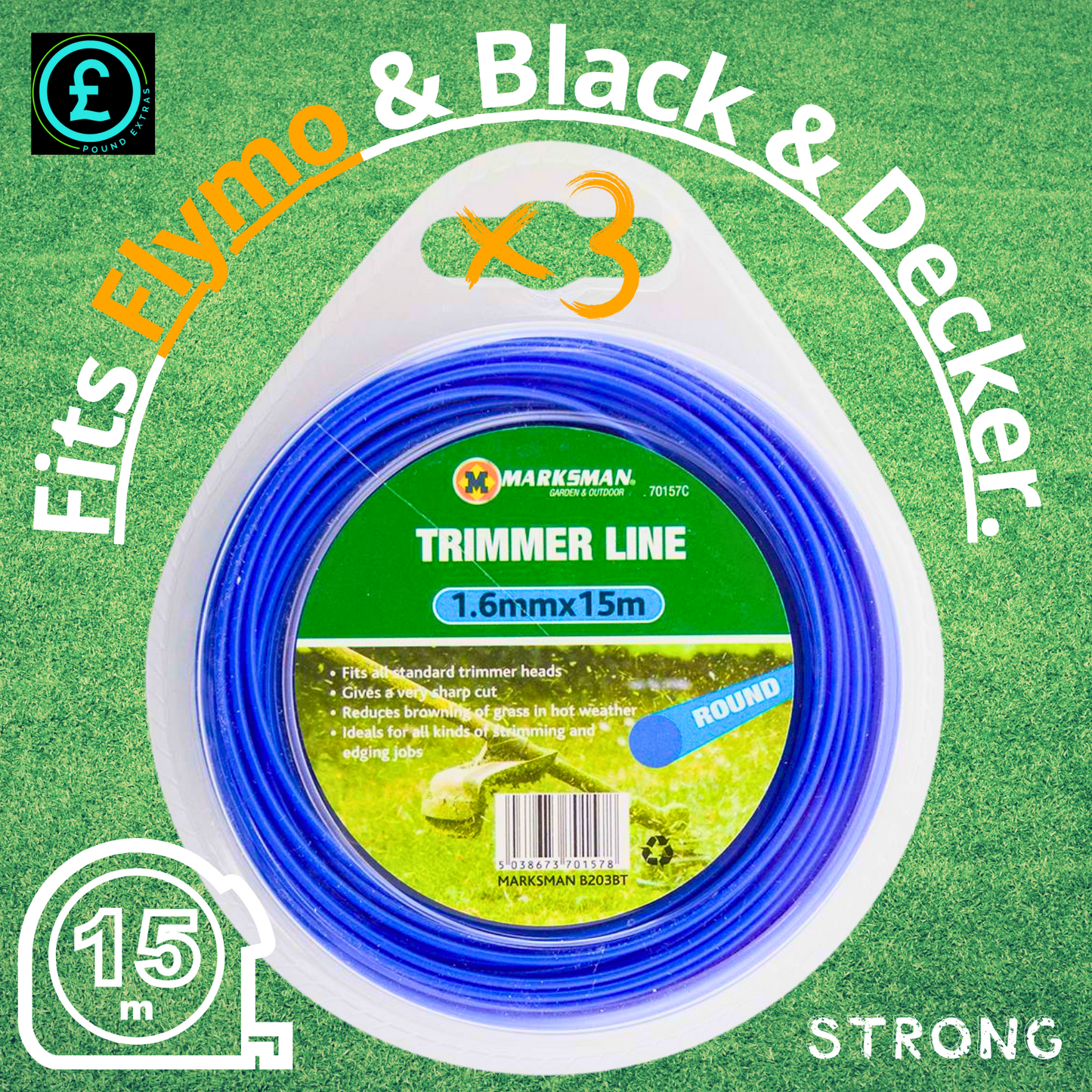Packaged trimmer line with branding on a green background