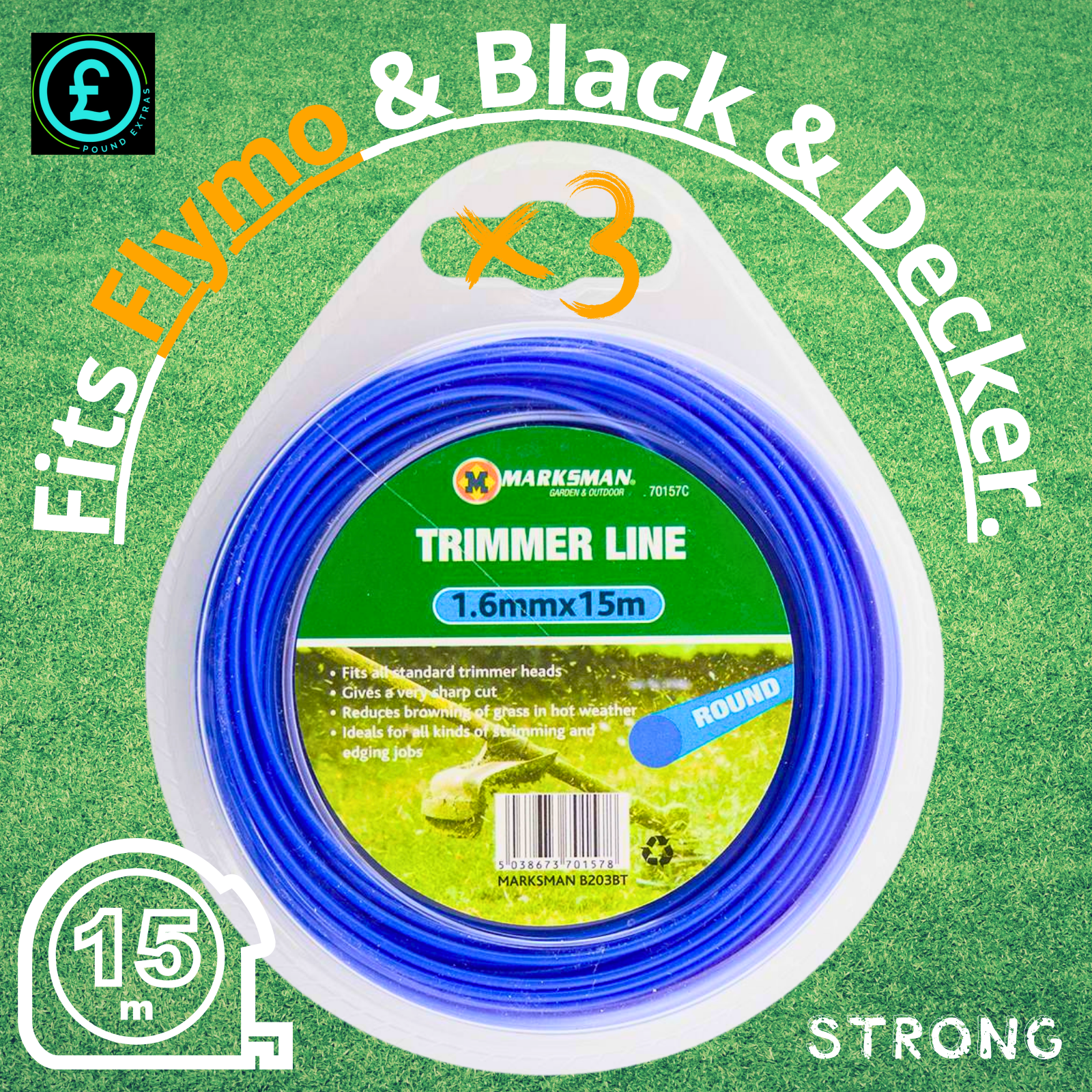 Packaged trimmer line with branding on a green background