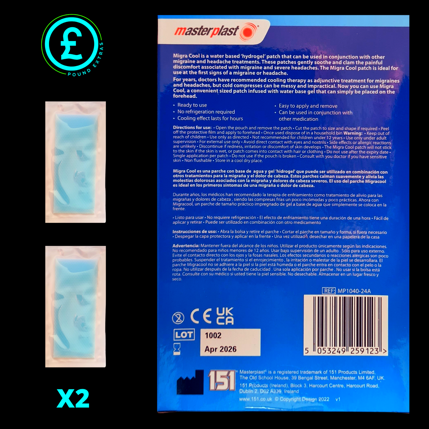 Back of a Master Plast migraine relief patch packaging with two patches shown on a black background.