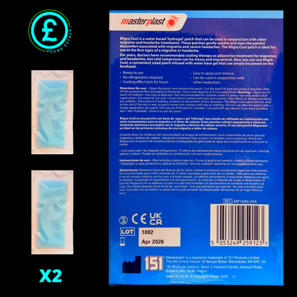 Back of a Master Plast migraine relief patch packaging with two patches shown on a black background.