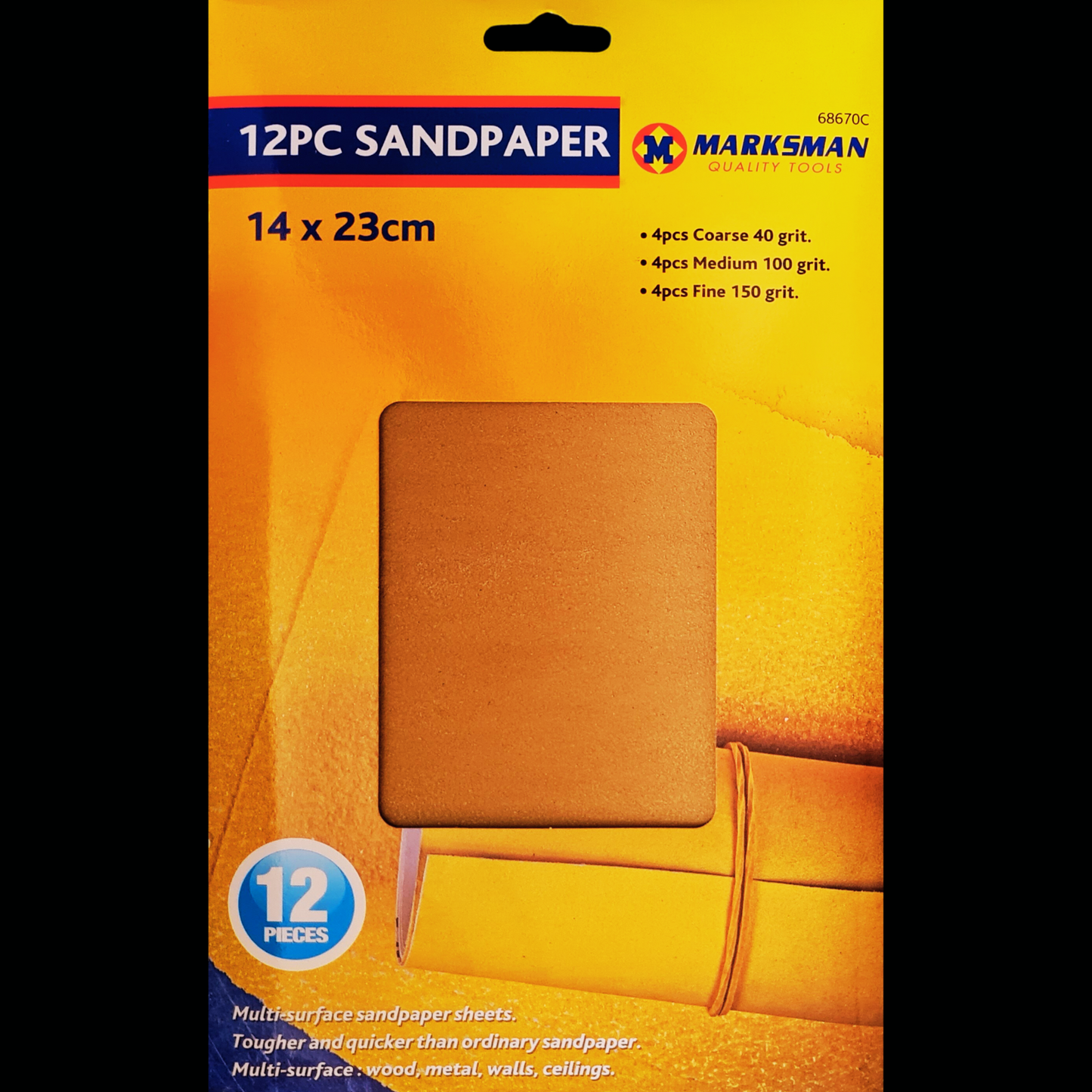 Packaging of Marksman sandpaper with a yellow background