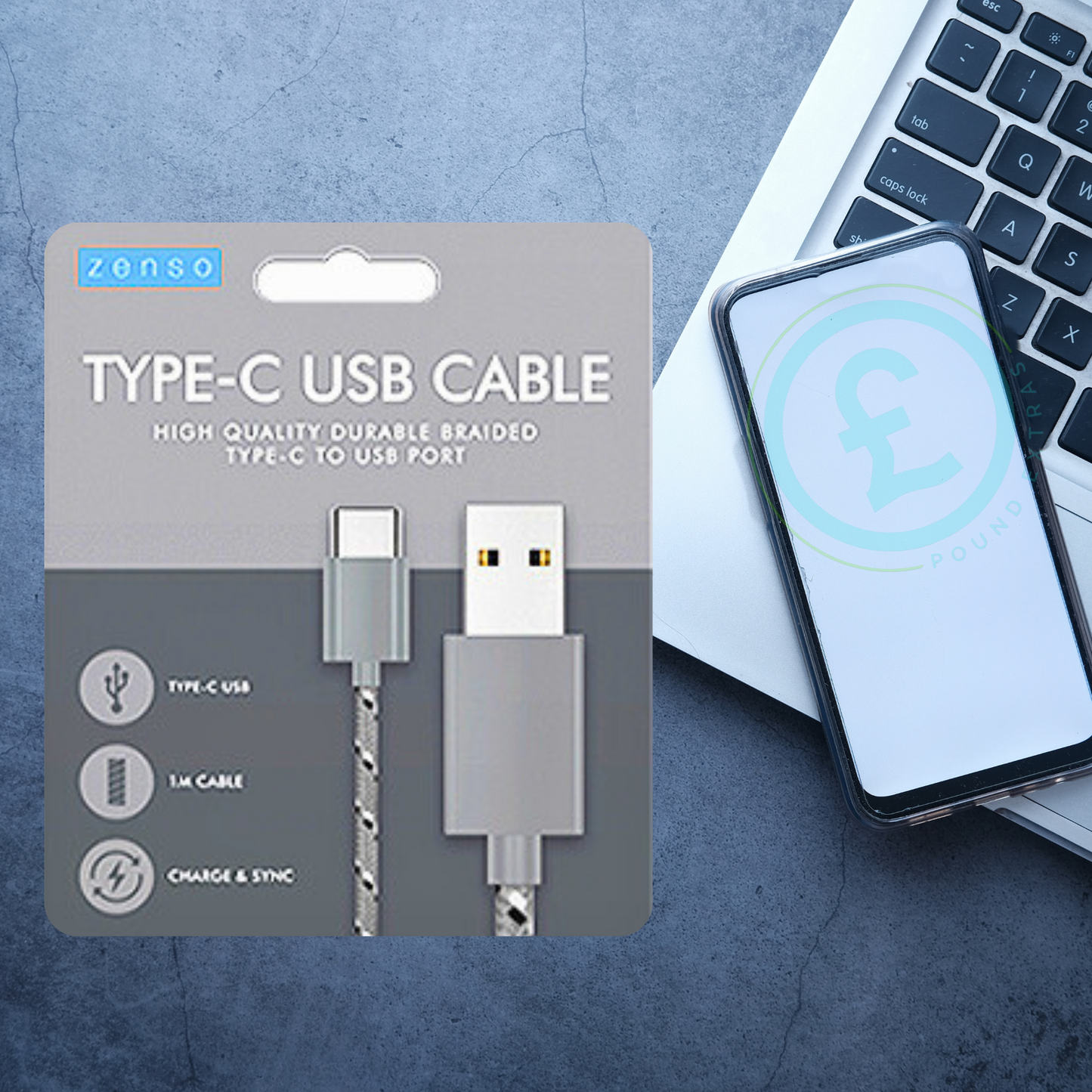 Grey Zenso Type-C USB cable packaging with a smartphone displaying a pound symbol on a blue surface.