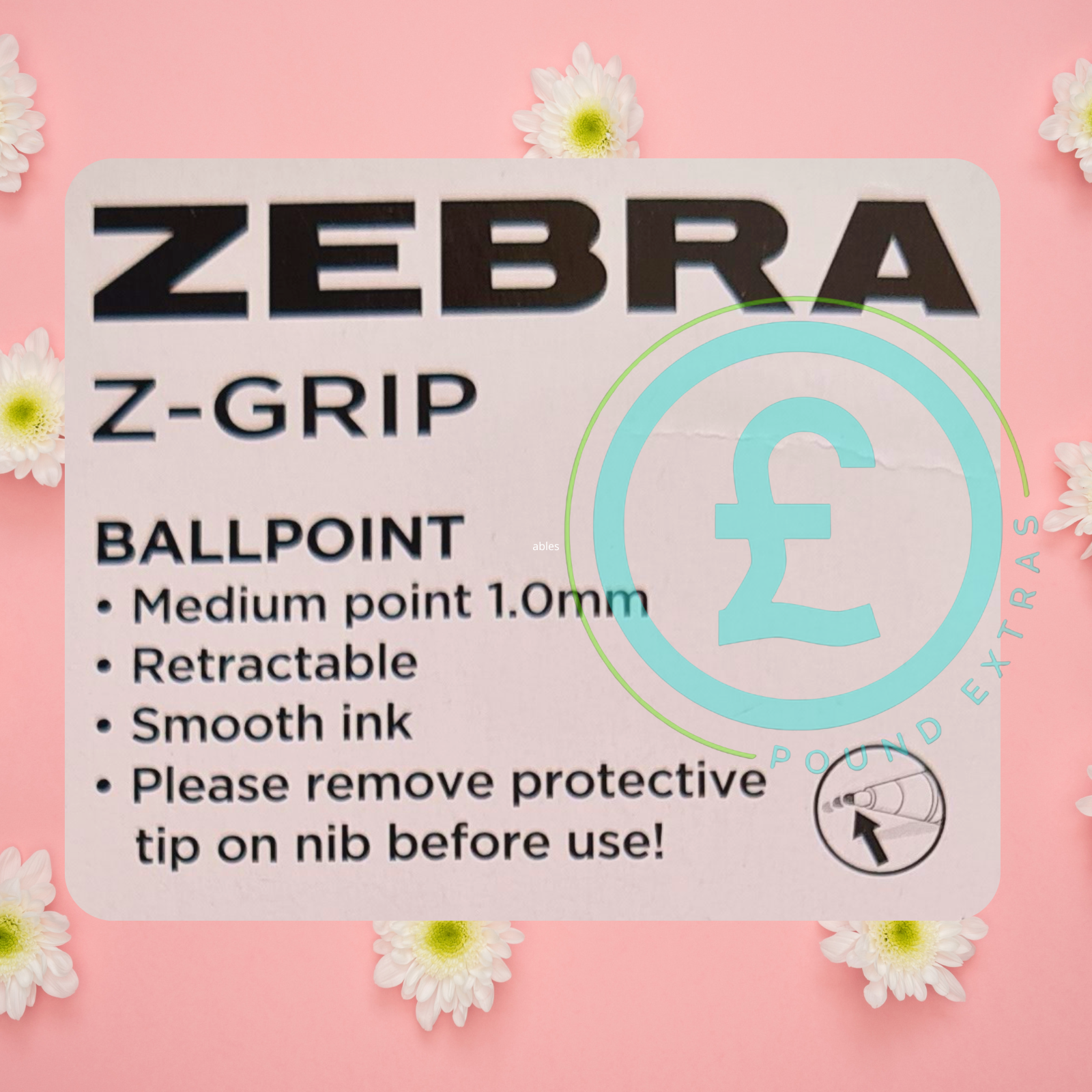 Zebra Z-Grip ballpoint pen packaging with product details on a pink background with flowers.