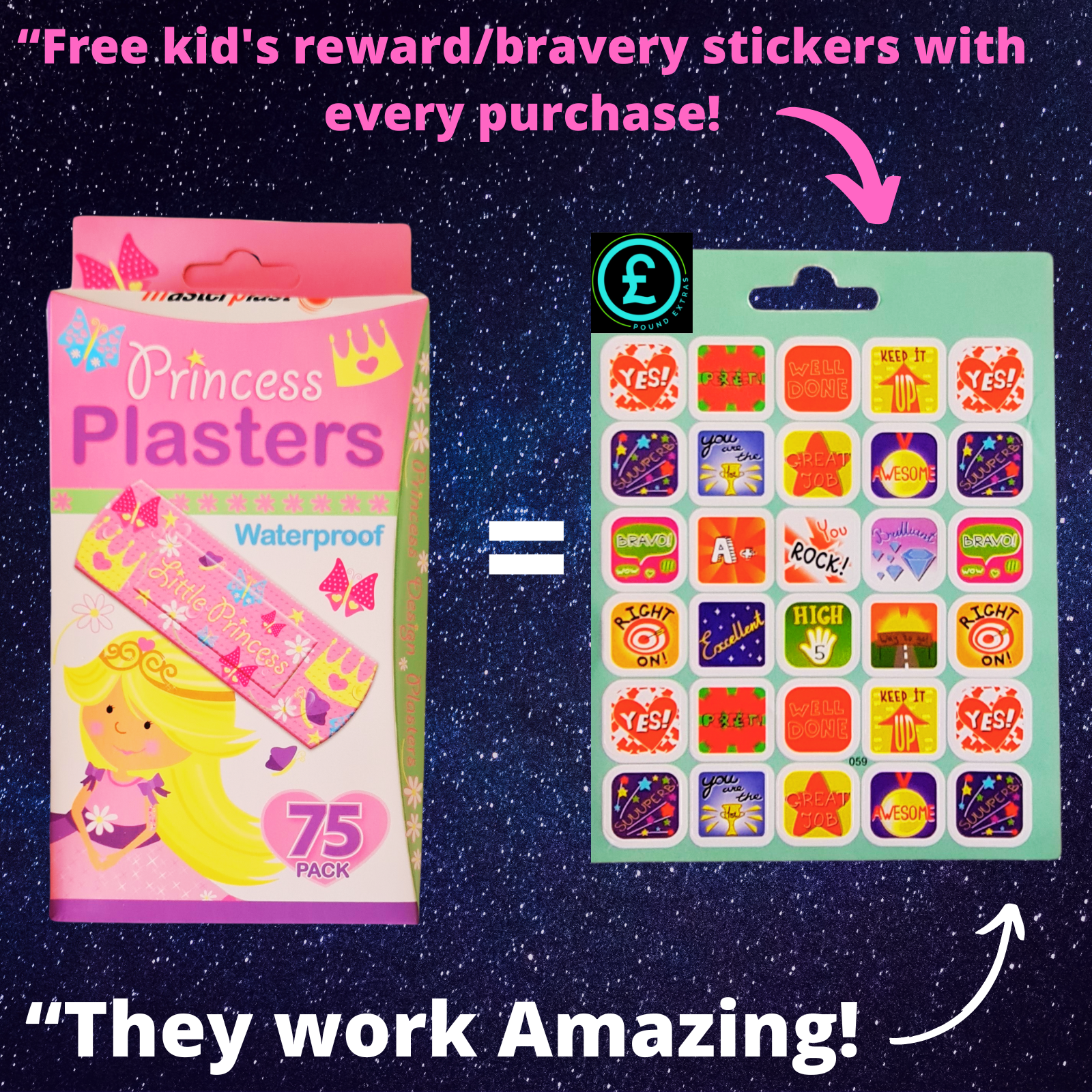 Princess Plasters packaging with reward stickers on a starry background