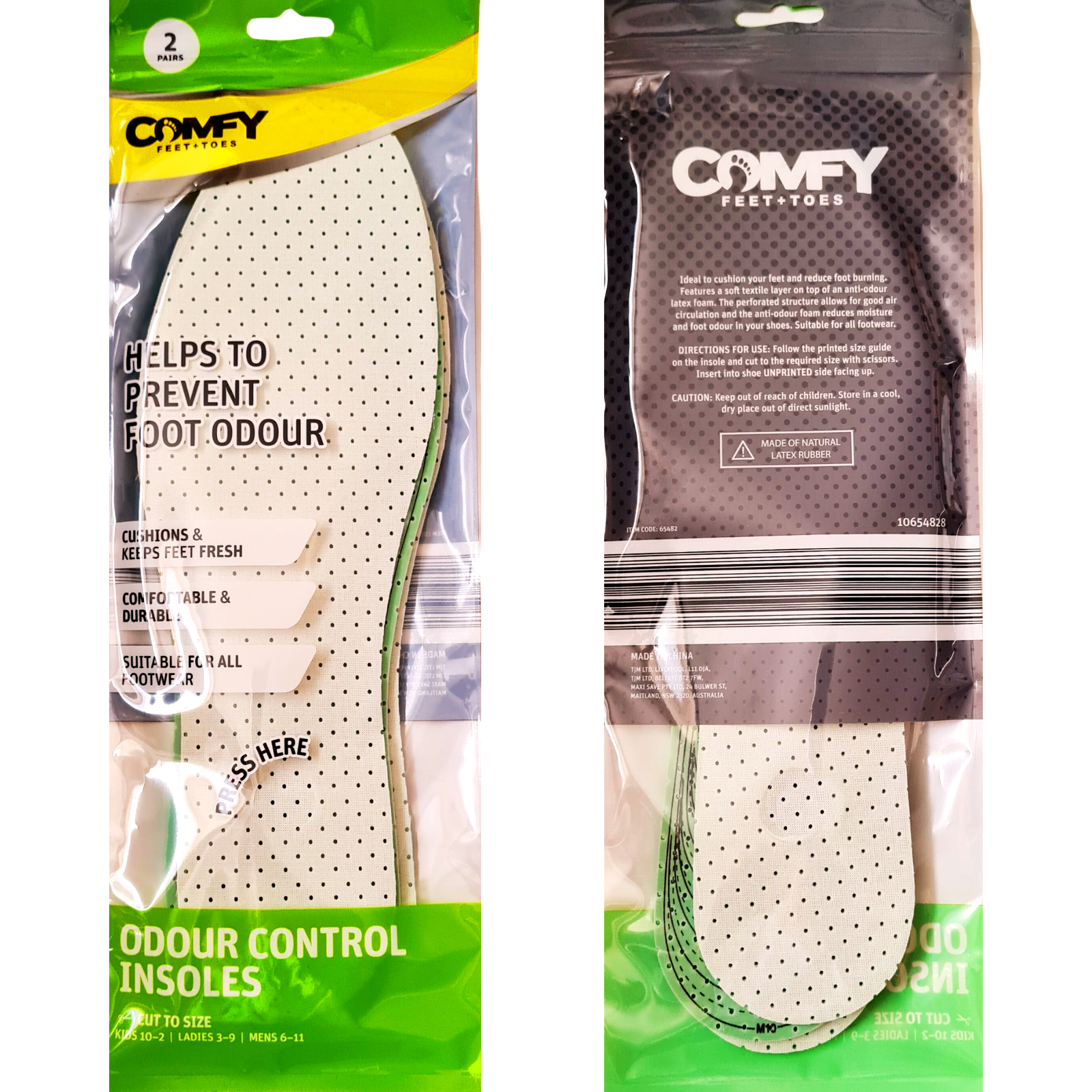 Two packages of Comfy foot care products with text on a white background